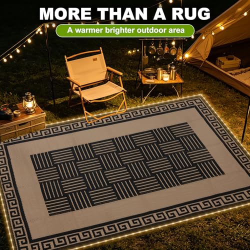 YONILE Solar LED Outdoor Rug 9x12 ft Waterproof for Patios Clearance,Reversible Outdoor Plastic Straw Rug, RV Mat Outside, Indoor Outdoor Carpet for Porch, Deck, Backyard, Balcony, Picnic - color: Black&coffee-striped With Light-2 in 1, size: 9x12ft