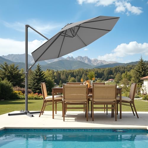 Patiowell 10 FT Patio Umbrella, Outdoor Cantilever Umbrella with 360 Degree Rotation & 5 Adjustable Tilt, Large Hanging Offset Round Sun Umbrella with Frame for Backyard Garden Poolside, Gray - color: Gray, size: 10 FT