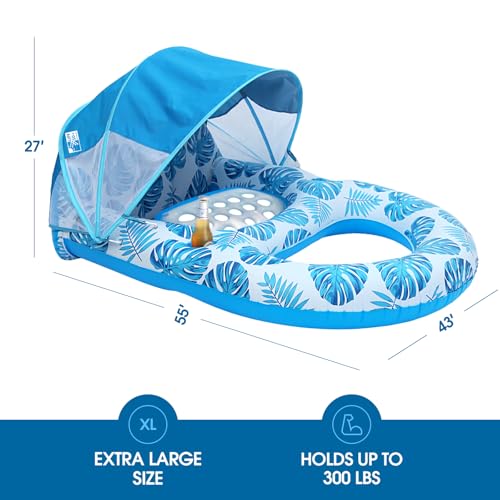 COOLCOOLDEE Pool Lounge Float with Canopy UPF50+,Extra Large Pool Floats for Adults Heavy Duty,Inflatable Lounger Float with Cup Holder & Backrest,Footrest - color: Blue