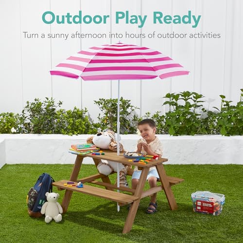 Best Choice Products Wooden Kids Picnic Table with Umbrella, Outdoor Activity Table Set with Built-in Benches, 220 lb Capacity per Bench - Natural/Dark Pink - color: Natural/Dark Pink