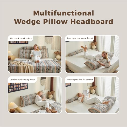 Bohemian style comfortable headrest pillow, large triangular sponge headboard, queen latex long pillow, reading headrest pillow - color: Amber Elegance, size: Full