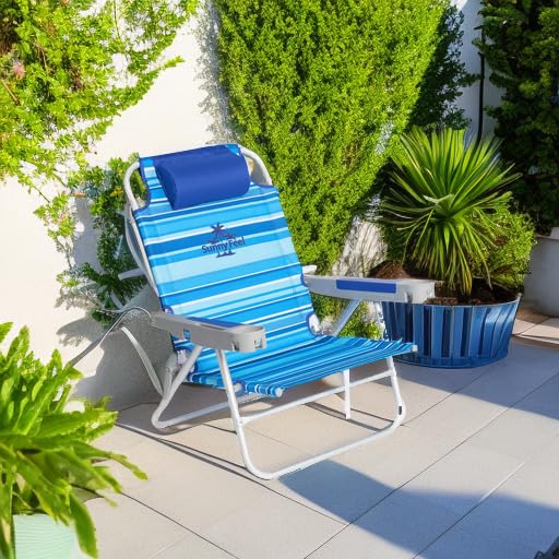 SUNNYFEEL Extra Wide 28" Low Beach Chair 5 Position Lay Flat, XL Oversized Portable Folding Camping Chairs with Cup Holder for Outdoor/Trip, Lightweight Foldable Backpack Beach Chair for Adults - color: Lightblue Stripe, size: 1-PACK