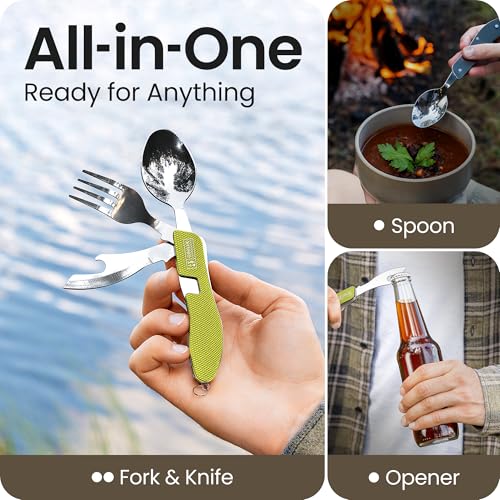 Orblue 4-in-1 Camping Eating Utensils, 2-Pack - Portable Spoon, Fork, Knife & Bottle Opener Combo Set - Stainless Steel Flatware with Detachable Fork - Travel, Backpacking Cutlery Multitool, Green - color: 2-PACK Green