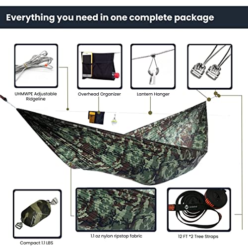 Onewind Camping Hammock, Ultralight Portable Hammock with Adjustable Ridgeline, Outdoor Hammock 20D Ripstop Nylon with 2 * 12Ft Tree Strap, Ideal for Camping, Hiking, Backpacking - color: Camo-single Layer, size: 11' * 55"