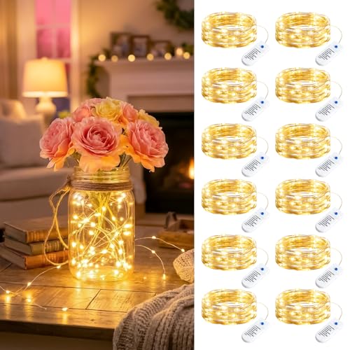 Minetom 12 Pack Fairy Lights Battery Operated String Lights 8 Modes, 7ft 20LED Warm White Waterproof Silver Wire Twinkle Lights, Firefly Starry Moon Lights for Mason Jars DIY Christmas Wedding Party - color: Warm White, size: 12 Pack