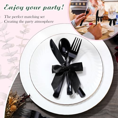 Minatee 25 Sets Black Plastic Cutlery Set with Twist Tie Bows, Heavy Duty Tableware Disposable Forks Knives Spoons Silverware Utensils Set for Coquette Birthday Bow Party Table Setting Picnics - color: Black