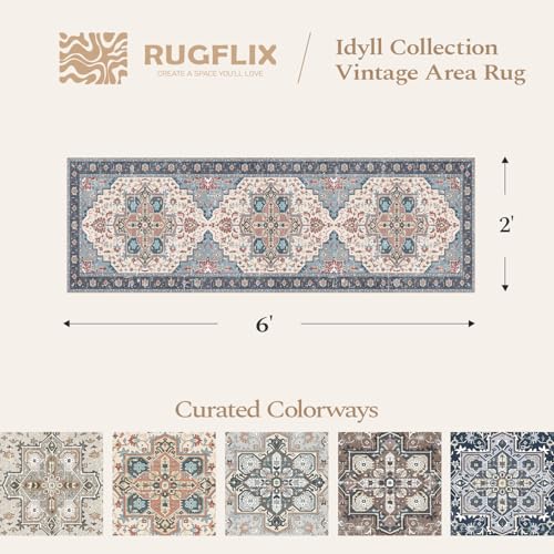 Rugflix 2x6 Runner Rug for Hallway, Washable Kitchen Runner Non Slip, Vintage Low Pile Entryway Carpet, Soft Stain Resistant Long Laundry Room Rug for Stairs, Bedroom, Blue Orange - color: Blue Orange, size: 2' x 6' (Runner)