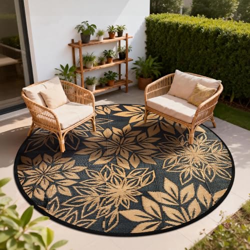 Round Outdoor Rug 6 Ft for Patio, Black & Brown Large Reversible Waterproof Plastic Carpet, Lightweight & Easy to Clean RV Camping Mat, Suitable for Deck, Picnic, Porch, Balcony and Beach - color: Black, size: 6' (Round)