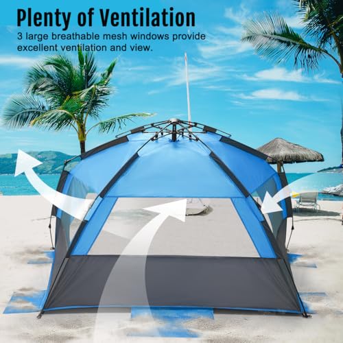 WhiteFang Deluxe Pop Up Beach Tent Sun Shade Shelter for 3-4/5-6 Person, UV Protection, Extendable Floor with 3 Ventilating Windows Plus Carrying Bag, Stakes, and Guy Lines - color: Gray Blue, size: X-Large