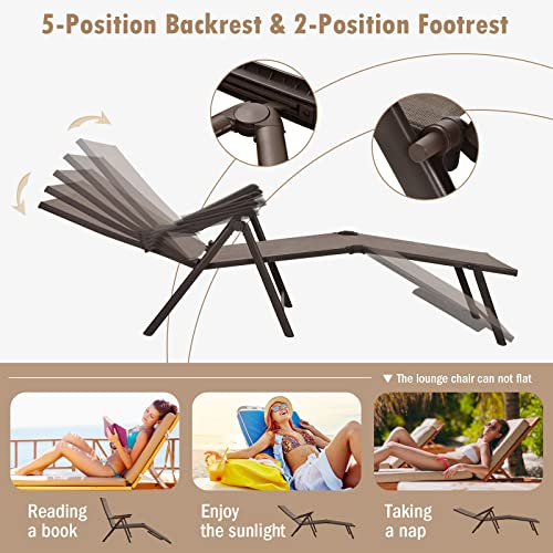 Tangkula Folding Lounge Chair Outdoor, Recliner Chaise Lounge with 5-Position Adjustable Backrest & 2-Position Footrest, No Assembly Required, Suitable for Patio Poolside Beach Yard (1, Brown) - color: Brown
