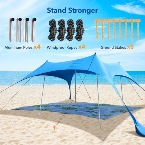 Beach Canopy Tent with UPF50+ Protection Sun shelter Umbrella Portable Camping Tents 12X12FT Include Beach Blanket Phone Case with Sandbags Poles Anti-Wind Ropes for Beach Camping Backyard Picnics - style: 12x12FT with 79" X 118"beach blanket