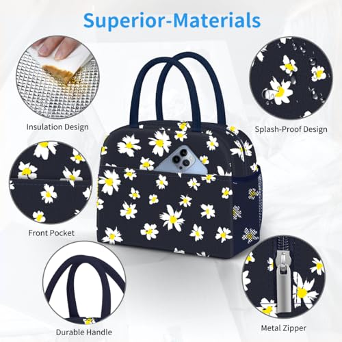 DALINDA Lunch Bag Lunch Box for Women Men Reusable Insulated Cooler Lunch Tote Bags, Leakproof Cute LunchBag Large Capacity for Work Travel Picnic, Daisy - color: Navy Daisy, size: Oxford cloth