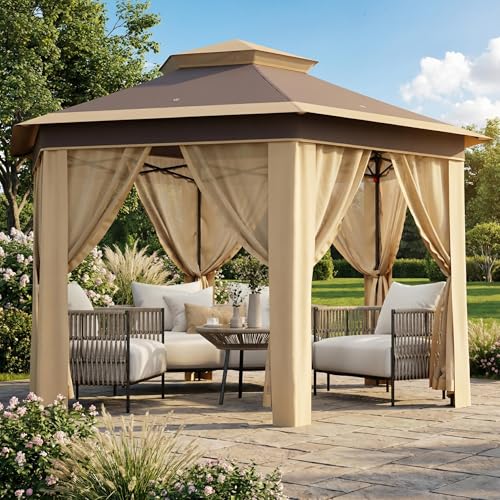 Takywep 13x13 ft Outdoor Gazebo Pop Up Canopy Tent, Heavy Duty Metal Frame, Double UV Protection, Privacy Screen Curtain, 3-Height Adjustable, Wheeled Bag & Ground Stakes for Backyard Patio Beige - color: Khaki Beige