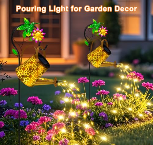 Solar Metal Watering Can with Hummingbird Shepherd Hook and Cascading Lights, Outdoor Solar Lantern for Garden, Yard, Patio Decor and Gardening Gifts for Women Mother's Day - color: Hummingbird, size: 1 Pack
