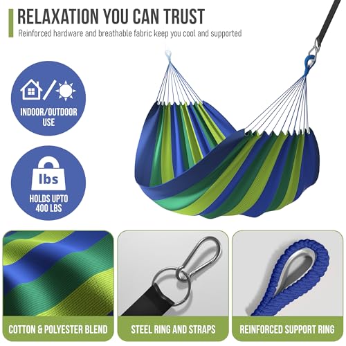 Sorbus Brazilian Double Hammock - Extra-Long 2 Person Portable Hammock Bed for Indoor or Outdoor Spaces - Hanging Rope, Carrying Pouch Included (Blue/Green Stripes) - color: Blue/Green Stripes