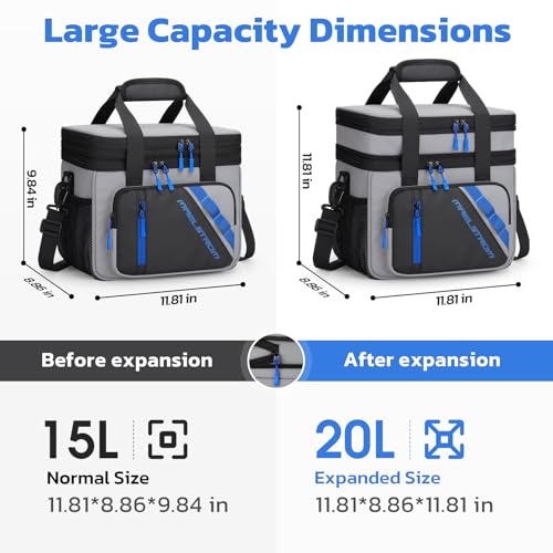 Maelstrom Lunch Box, 20L Insulated Lunch Bag for Men Women, Expandable Double Deck Leakproof Cooler Bag with 6 Pockets, Reusable Lunch Tote Bag for Work, Picnic, Travel, Grey - color: Grey