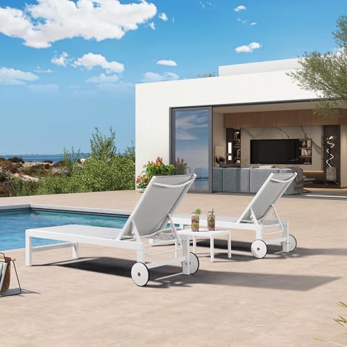 PURPLE LEAF Outdoor Chaise Lounge Chairs Set of 2 White Aluminum Lounge Chair Five-Position Adjustable Chaise with Wheels and Table for Pool Deck Patio, Ivory - color: Ivory, style: Standard Straight-leg