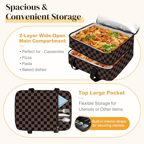 Coobiiya Insulated Casserole Carrier,Lasagna Lugger Tote Keeps Food Hot or Cold,Thermal Lunch Bag Warmer & Cooler Carrier Bag,Portable Tote Bag Fits 9" x 13" Baking Dish for Picnic and Cookout - color: Brown Grid, size: Double Layer: 15.75 × 11.8 × 7.87 i