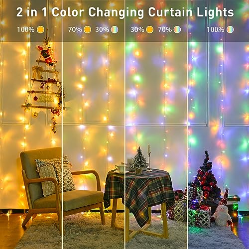 JMEXSUSS 300LED Dual Color Changing Curtain Lights with Remote, 9.8 x 9.8ft Connectable Plug in Christmas String Lights for Bedroom Backdrop Outdoor Decor, Warm White to Multicolor - color: Warm White to Multicolor, size: 300 LED