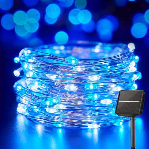 Minetom Solar String Lights for Outside, 33Ft 100 LED Outdoor Solar Fairy Lights, 8 Modes Balcony Lights for Tree Patio Christmas Party Decor (Blue and White) - color: Blue and White, size: 1 Pack