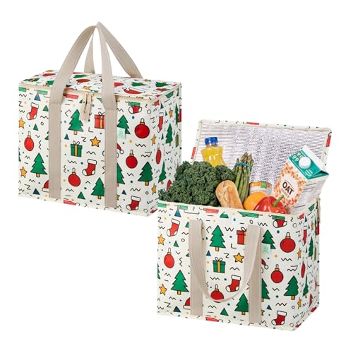 VENO 2 Pack Cooler Bag, Insulated Grocery Bags for Food Delivery, Collapsible Cooler, Reusable Shopping Bags for Groceries, Hard Bottom, Water Resistant, Zippered, Foldable (Jingle Mix, 2 Pack) - color: Jingle Mix, size: 15.7"W x 12.6"H x 8.7"D - 2 Pack