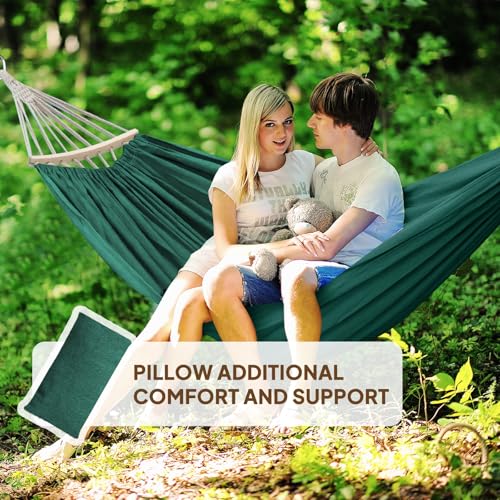 Chihee Cotton Hammock Holds Up to 660lbs Fabric Hammock 8.9x4.9ft Soft Portable Tree Hammocks Camping with Detachable Spreader Bar Pillow 2 Strong Webbings 2 Carabiners Indoor Outdoor Backyard Garden - color: Dark Green, size: 270x150cm