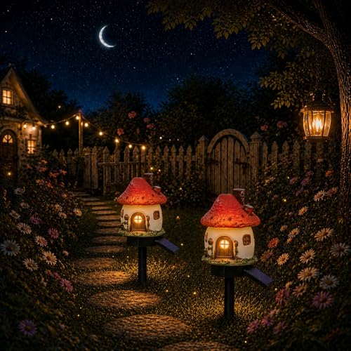 Solar Mushroom House Lights Outdoor, 2 Pack Waterproof Decorative Fairy Garden Pathway Lights, Hand-Painted Resin Storybook Cottage Decor for Yard Lawn Walkway Patio, Unique Gift for Garden Lovers - style: Mushroom House
