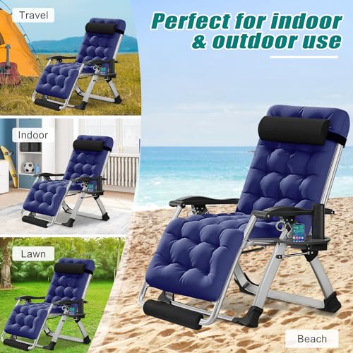 DoCred Oversized Zero Gravity Chair, 29In XL Lawn Folding Lounge Chairs, Lawn Recliner, Reclining Patio Lounger Chair, Folding Portable Chaise with Detachable Soft Cushion, Cup Holder, Headrest - color: Oversized Blue, style: Zero Gravity Chair