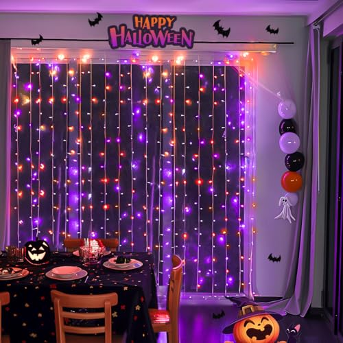 JMEXSUSS 300LED Orange and Purple Halloween Curtain Lights with Remote, 9.8x9.8ft Window Twinkle Hanging String Lights Plug in, Halloween Lights for Bedroom Wall Party Backdrop Indoor Outdoor Decor - color: Orange and Purple, size: 300 LED