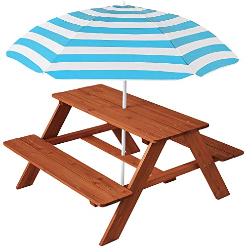 Best Choice Products Wooden Kids Picnic Table with Umbrella, Outdoor Activity Table Set with Built-in Benches, 220 lb Capacity per Bench - Golden Brown/Aqua - color: Golden Brown/Aqua