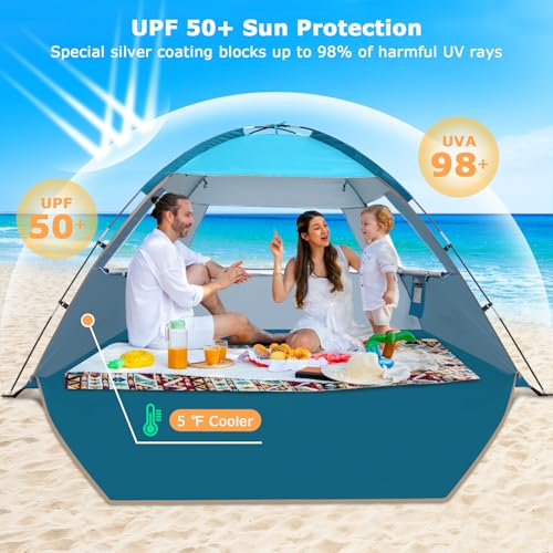 COMMOUDS Beach Tent Sun Shade for 3/4/6/8 Person, UPF 50+ Beach Sun Shelter Canopy Tent, Lightweight, Easy Set Up and Carry - color: Blue, size: 3 Person