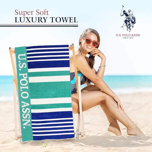 U.S. Polo Assn. Oversized (40” x 70”) Striped Nautical Design Beach Towel - Luxury Plush Cotton Hotel Quality for Bath, Pool - West Coast Green Stripe - color: Green, size: 40" x 70"