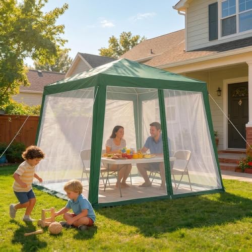 10x10 ft Pop-Up Canopy Tent with Mesh Mosquito Netting Sidewalls, Waterproof UV-Block Outdoor Screen Shelter for Camping, Picnic, Garden, Backyard Events - color: Green, size: 10x10ft