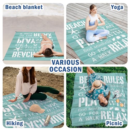 Beach Rules Pocket Picnic Blankets, Blue Seashell Coastal Mini Beach Camping Blanket Waterproof Sandproof, Rustic Sea RV Outdoor Picnic Blanket Mat Gifts for Camper Campsite Travel 55x60in - color: Rules