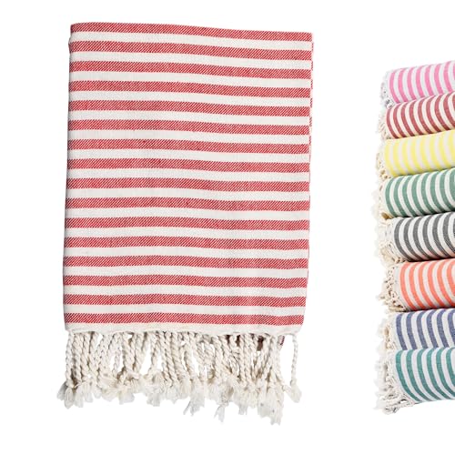 Turkish Striped Beach Towels Bulk Oversized 39"x71" Large Bath and Pool Set Quick Dry Lightweight Travel Towel for Adult,100% Cotton TEBT-18-1red - color: Red, size: 1 Pack