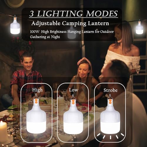 [1200lm] 90W 4 Power Display Camping Lights Portable Rechargeable Lantern Hanging Tent Lamp Battery Bulbs Outdoor High Bright 3 Mode for Power Outages Canopy Vendors Gathering Emergency 2 Pack - color: 90W-4 Level Power Display-2pack