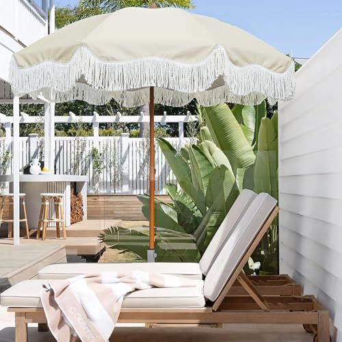 AMMSUN 6.5ft Boho Outdoor Umbrella with Fringe, UPF 50+ Picnic Umbrella with Tassels, Premium Steel Pole and Push Button Tilt, Light Beige - color: Light Beige