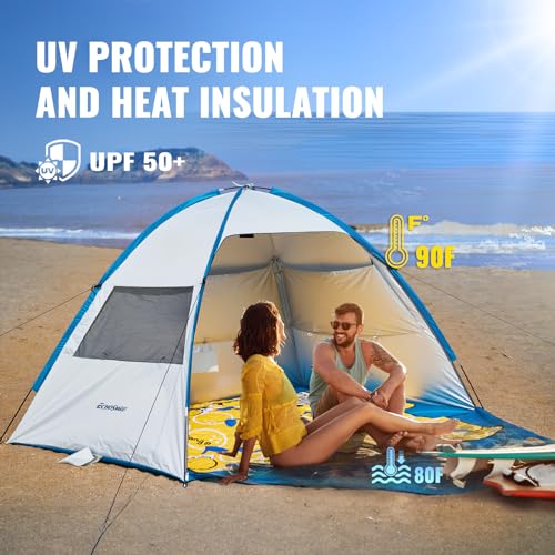 EchoSmile UPF 50+ Beach Tent Sun Shelter for 3/4 Person, Portable Beach Cabana Tent - color: White & Blue, size: 3 Person
