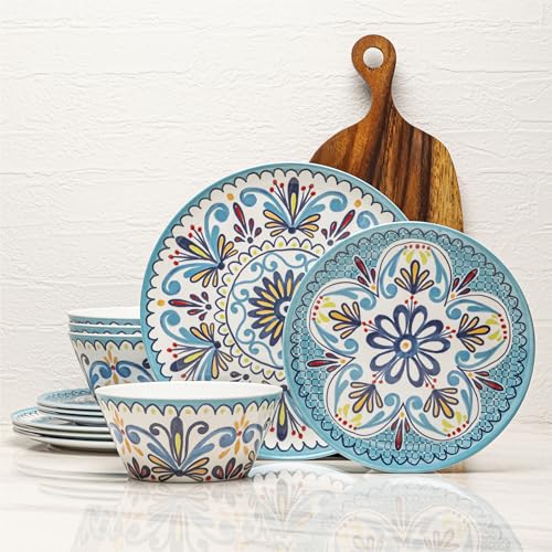 Bzyoo 12-Piece Melamine Dinnerware Set - Madallion | Lightweight, Durable, BPA-Free | Dishwasher Safe Dish Set for Indoor & Outdoor Use - Perfect for Camping, BBQs, Kids Parties - color: Madallion