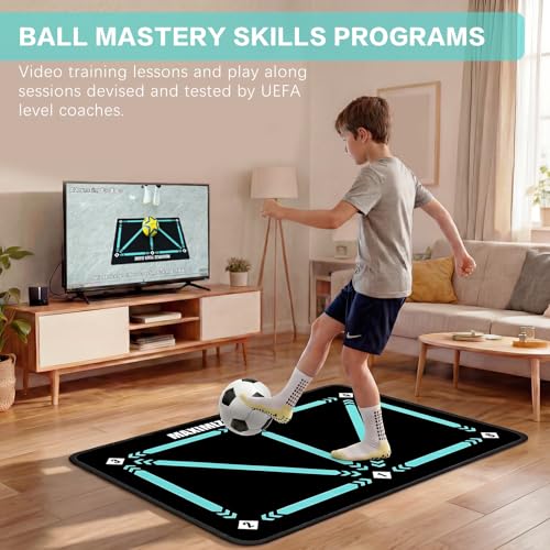 2F22E Soccer Training Mat for Kids & Youth, Non-Slip Silent Footwork Training Equipment with Soccer Bounce Trainer & Socks, Ball Mastery Skills Mat with Instructional Video for Indoor Practice - color: Cyan-blue