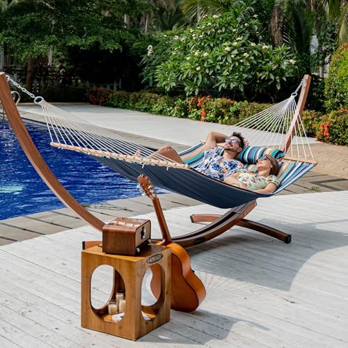 Lazy Daze Hammocks 12 FT Quilted Fabric Double Hammock with Spreader Bars and Detachable Pillow, 450lbs Weight Capacity - color: Beach Stripes