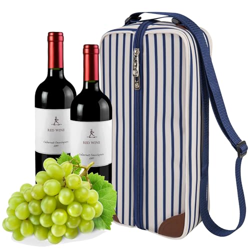 ALLCAMP Wine Tote Bag with Cooler Compartment，Picnic Set Carrying Two Sets of Tableware（Blue Stripe） - color: Blue Stripe, size: 1 Bottle