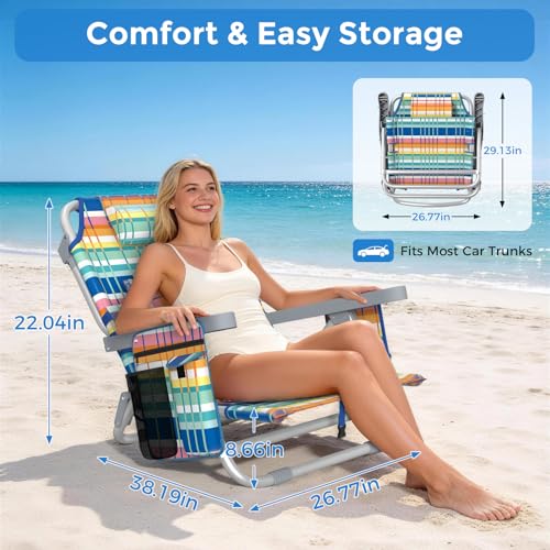 5-Position Backpack Beach Chair for Adults with Lumbar, Foldable Tall Heavy-Duty Beach Chairs with Cooler Bag,Cup Holder,Towel Rack for Beach, Camping, Outdoor (1, Rainbow) - color: Rainbow, size: 1 pack