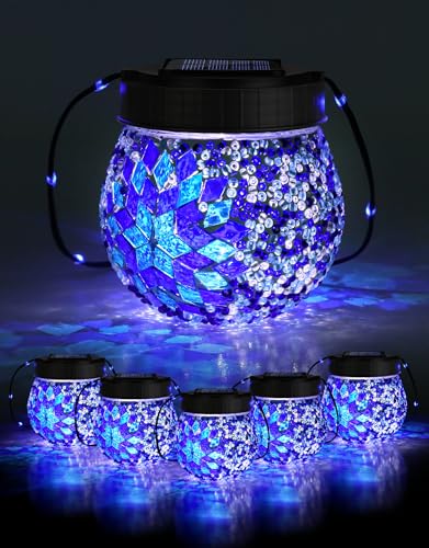 Mosaic Solar Lights Outdoor 6 Pack, Solar Hanging Lanterns Christmas Halloween Gifts for Women Mom Grandma, Waterproof Glass Globe Lights, Garden Patio Decor for Yard, Tree, Balcony, Cold - color: Blue, size: 6