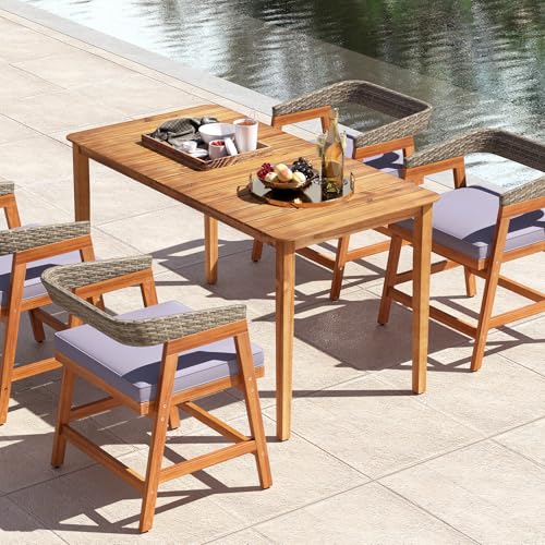 Tangkula 54" Acacia Wood Patio Dining Table for 6, Rectangular 4-6 People Patio Table with Slatted Tabletop, Indoor Outdoor Farmhouse Dining Table for Yard, Garden, Poolside, Deck - size: 54"