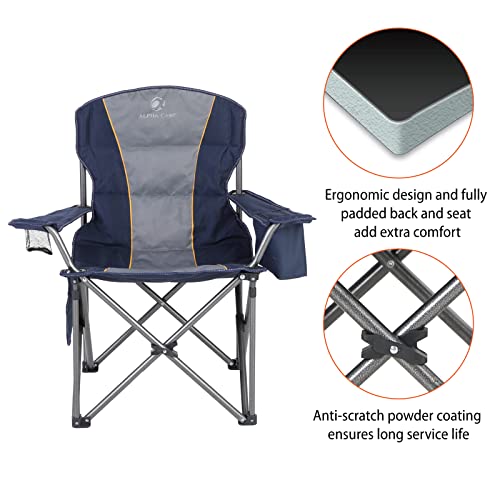 ALPHA CAMP Oversized Folding Camping Chair, Heavy Duty Portable Lawn Chairs with Cooler Bag, Side Pocket & Cup Holder, Folding Chairs for Outside Support 450 LBS - color: Blue, size: Twin Pack