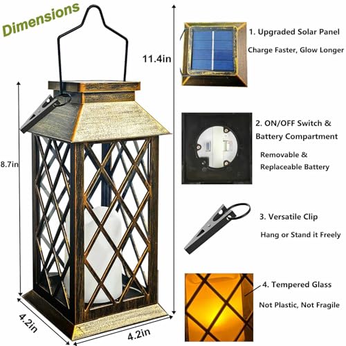 Solar Lanterns Outdoor Waterproof, Flickering Candles Hanging Solar Lights for Outside Garden Patio Wall Porch Decorative, Lamp with Upgraded Solar Panel, Tempered Glass & Clip, Bronze 2 Pack - style: Bronze*2, 4.2*4.2*8.7in