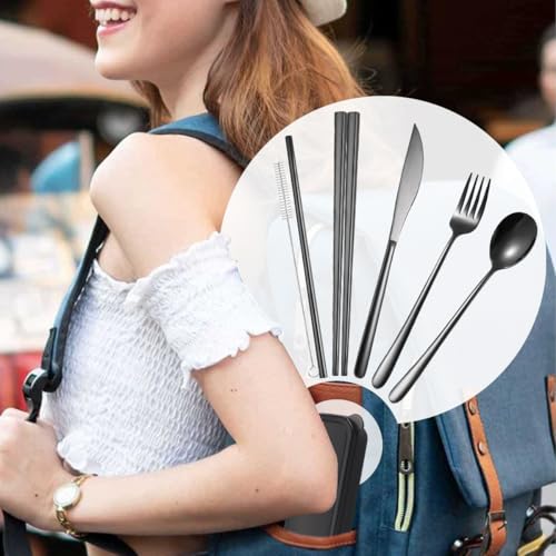 AARAINBOW 6 Pieces 18/8 Stainless Steel Flatware Set Portable Reusable Cutlery Set Travel Utensils Set Including Chopsticks Knife Fork Spoon Straws Cleaning Brush Dishwasher Safe (Black) - color: Black
