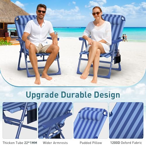 Suteck Backpack Beach Chair for Adults - 6-Position Folding Reclining Chair with Cooler Bag & Cup Holder, Lightweight Portable Beach Chair for Camping, Outdoor, Sand, Travel Use - color: Dark Blue Stripes