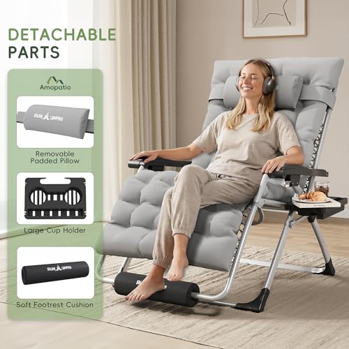 Amopatio Oversized Padded Zero Gravity Chair, XL 29In Reclining Camping Lounge Chair w/Removable Cushion&Headrest, Upgraded Lock and Footrest, Folding Patio Recliner for Indoor Outdoor, Grey - color: Light Gray XL, size: 29in